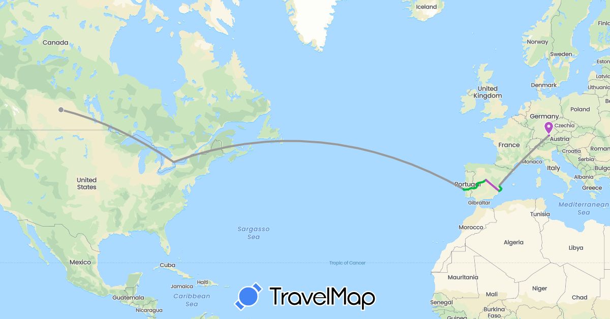 TravelMap itinerary: driving, bus, plane, train in Canada, Germany, Spain, Portugal (Europe, North America)